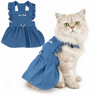 Denim Sleeveless Skirt for Cats & Small Dogs with Harness Ring