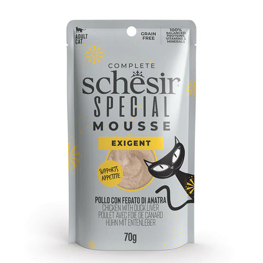 SCHESIR SPECIAL EXIGENT CHICKEN WITH DUCK LIVER IN MOUSSE 70G IN POUCH Food for adults