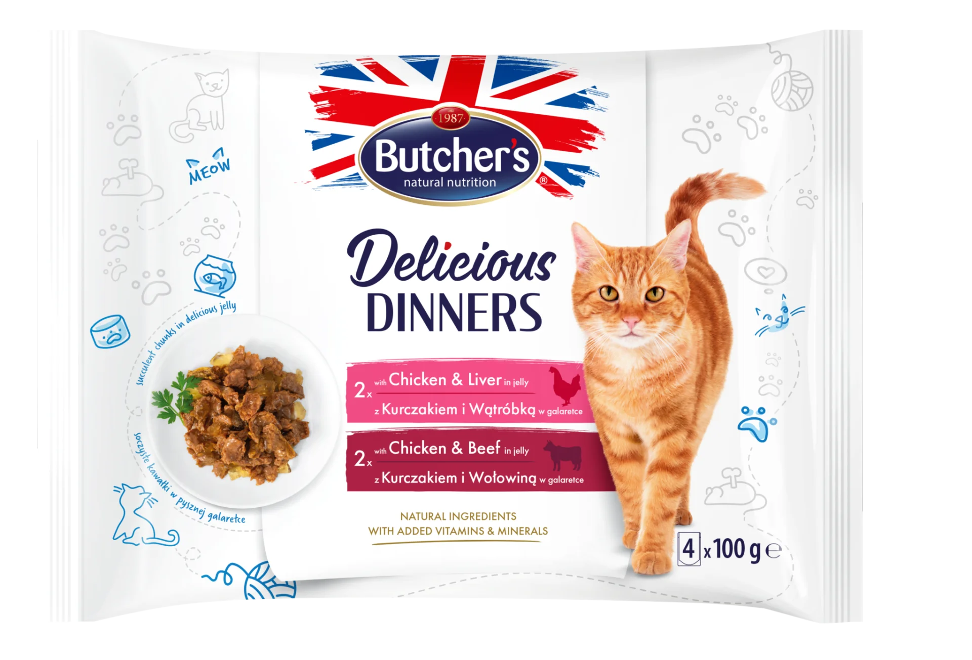 Butcher's Delicious Dinners Chunks in jelly with chicken and liver and with chicken and beef 4 staches 400 gms