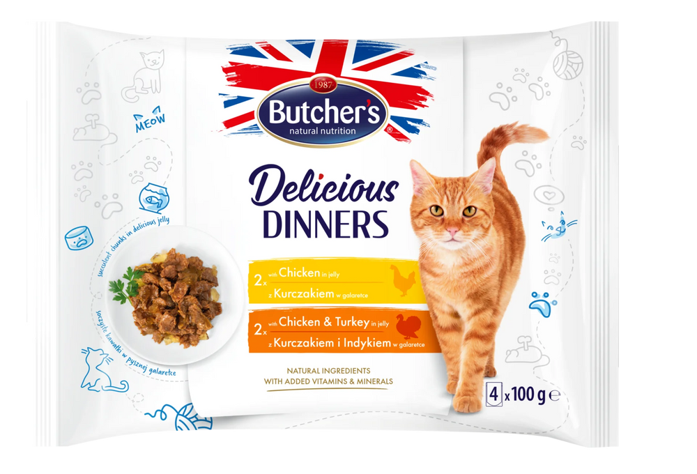 Butcher's Delicious Dinners Chunks in jelly with chicken and with chicken and turkey 4stach 400gmses