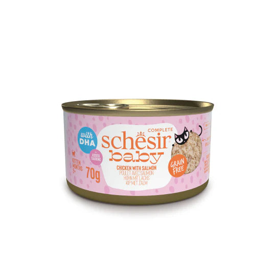 SCHESIR BABY CHICKEN WITH SALMON IN BROTH 70G IN CAN for kitten