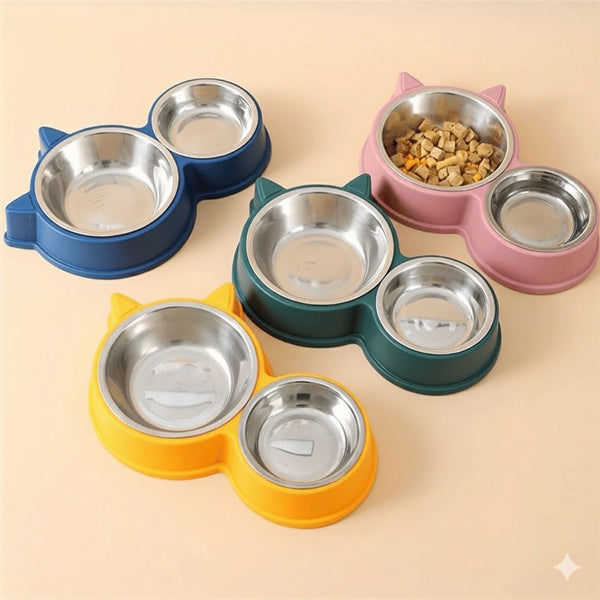 Double cat-shaped food bowl in multiple colors