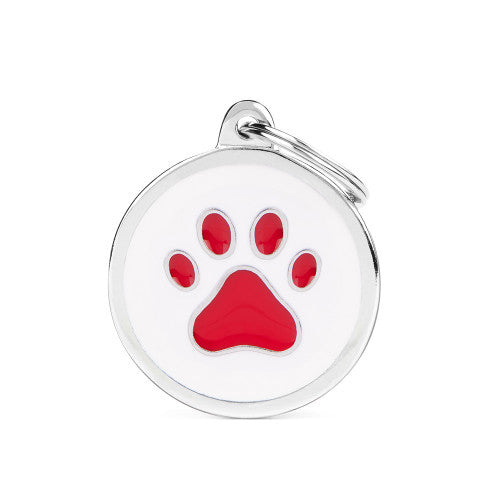 ID Tag Big White Circle Red Paw For Dogs