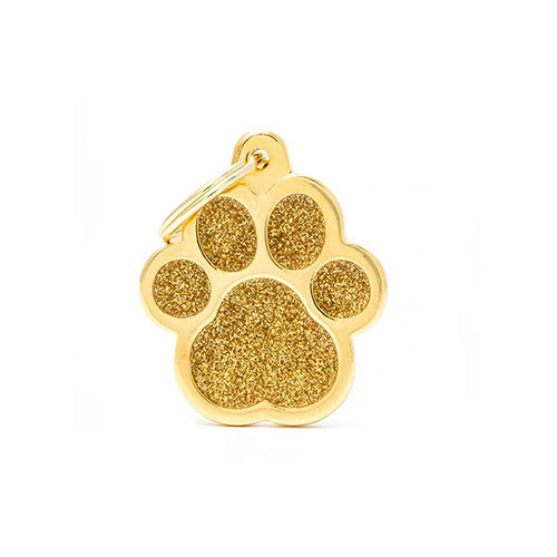 ID Tag Big Circle Black Glitter Paw For Dogs - gold